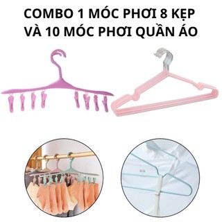 Móc phơi quần áo kèm 8 kẹp và 10 móc phơi quần áo người lớn combo móc phơi quần áo