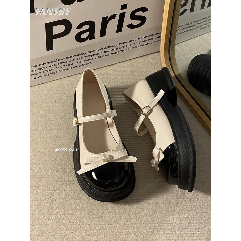 Giày Mary Jane Da Mũi Tròn Phối Màu Phong Cách Thời Trang Retro Nhật Bản 2023