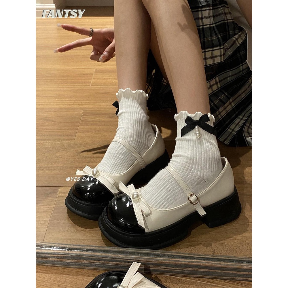 Giày Mary Jane Da Mũi Tròn Phối Màu Phong Cách Thời Trang Retro Nhật Bản 2023