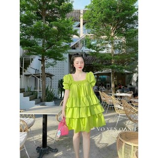 Đầm babydoll thời trang nữ mặc đi dạo phố, đầm tầng ngắn tay chất vải lụa 100D,