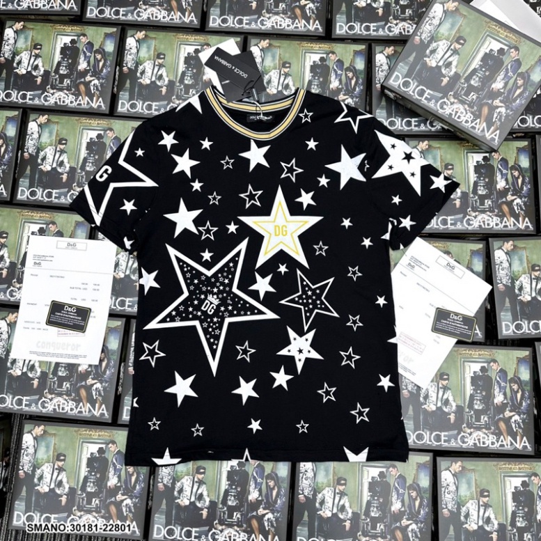 Áo phông nam nữ Premium in hình ngôi sao Dolce DG vàng đen quanh áo. Áo Thun Nam Nữ In Hình Ngôi Sao Siêu Hot