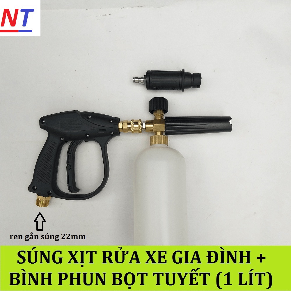Combo bộ vòi xịt rửa xe áp lực cao và bình phun tạo bọt tuyết cao áp tay xịt ren ngoài 22mm và bình 1 lít