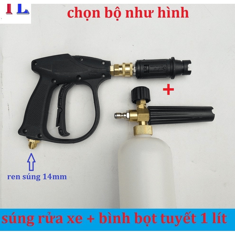 Combo bộ vòi xịt rửa xe áp lực cao và bình phun tạo bọt tuyết cao áp tay xịt ren ngoài 22mm và bình 1 lít