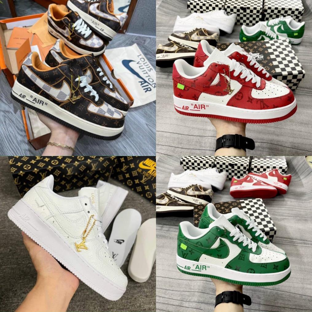 Giày thể thao AF1 LV xanh đỏ nâu cafe cổ thấp, giày sneaker AF1 mix LV đỏ xanh nâu cafe dành cho nam nữ đầy đủ bill box