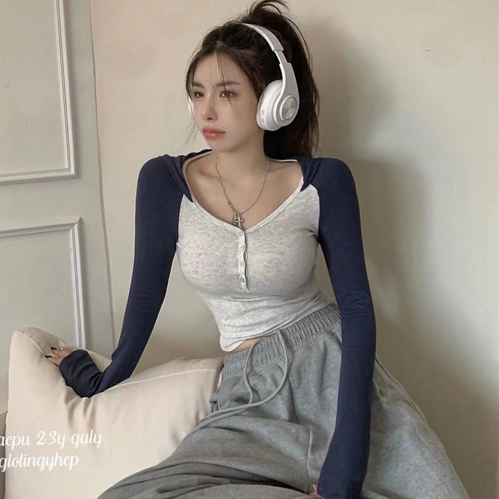 Jiashucheng Áo Thun Thể Thao Tay Dài Có Mũ Trùm Nửa Nút Phối Màu Tương Phản Cho Nữ