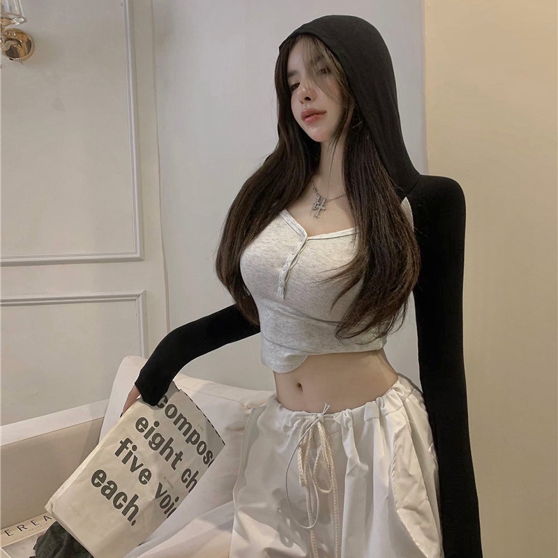 Jiashucheng Áo Thun Thể Thao Tay Dài Có Mũ Trùm Nửa Nút Phối Màu Tương Phản Cho Nữ