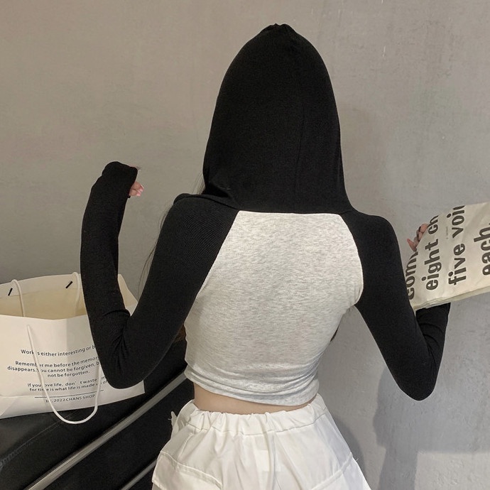 Jiashucheng Áo Thun Thể Thao Tay Dài Có Mũ Trùm Nửa Nút Phối Màu Tương Phản Cho Nữ