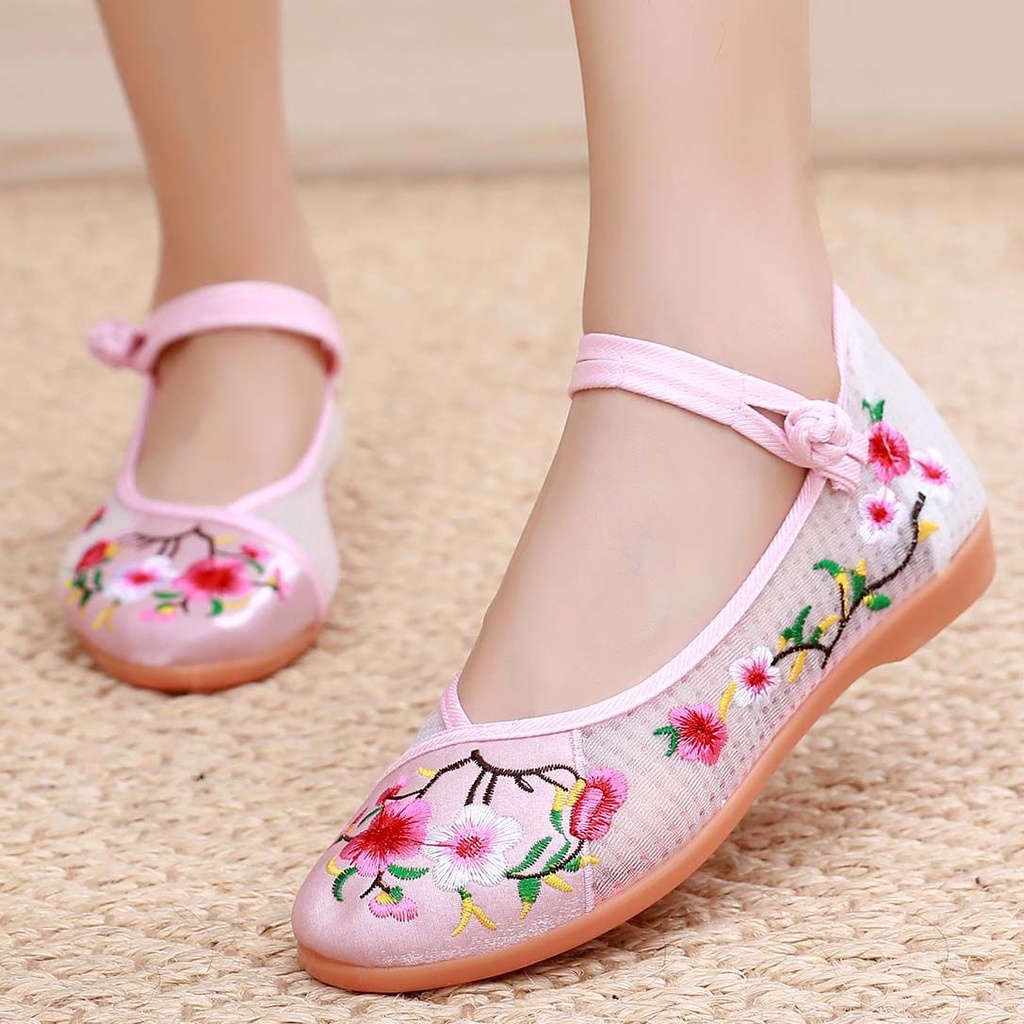 Giày Hán Phục Lưới Siêu Mỏng Thoáng Khí Đế Bằng Thêu Họa Tiết Xinh Xắn Cho Nữ