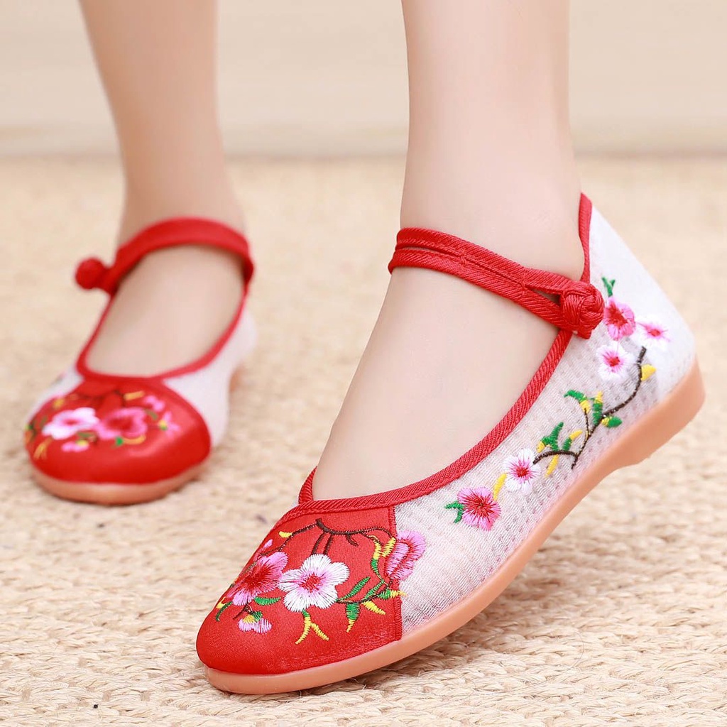 Giày Hán Phục Lưới Siêu Mỏng Thoáng Khí Đế Bằng Thêu Họa Tiết Xinh Xắn Cho Nữ