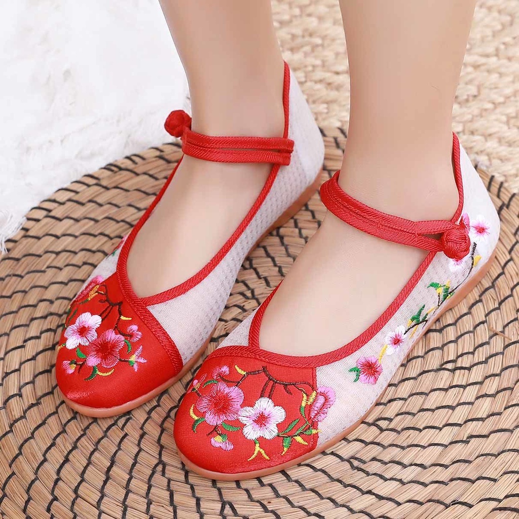 Giày Hán Phục Lưới Siêu Mỏng Thoáng Khí Đế Bằng Thêu Họa Tiết Xinh Xắn Cho Nữ