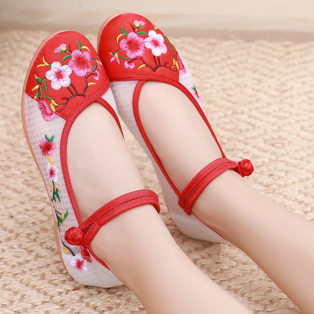 Giày Hán Phục Lưới Siêu Mỏng Thoáng Khí Đế Bằng Thêu Họa Tiết Xinh Xắn Cho Nữ