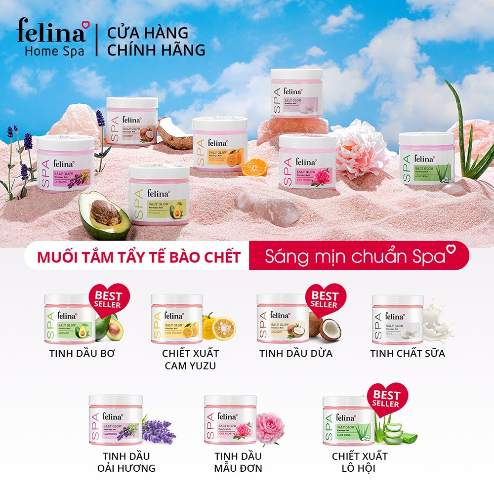 Muối tắm tẩy tế bào chết body Felina Home Spa 500g từ hạt muối hồng Himalay tinh khiết - da sáng mịn rạng rỡ