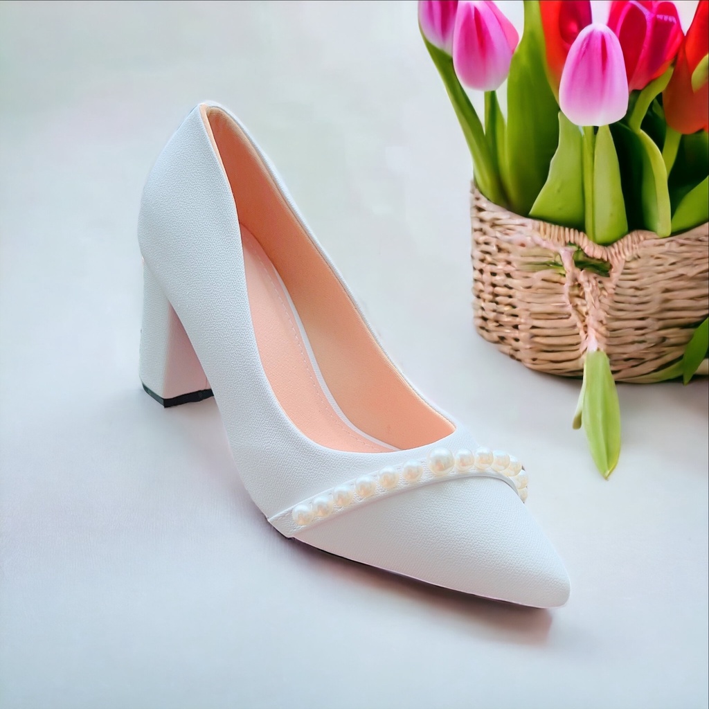 Giày nữ  giày công sở phối hạt châu da vip cao 7cm - B79