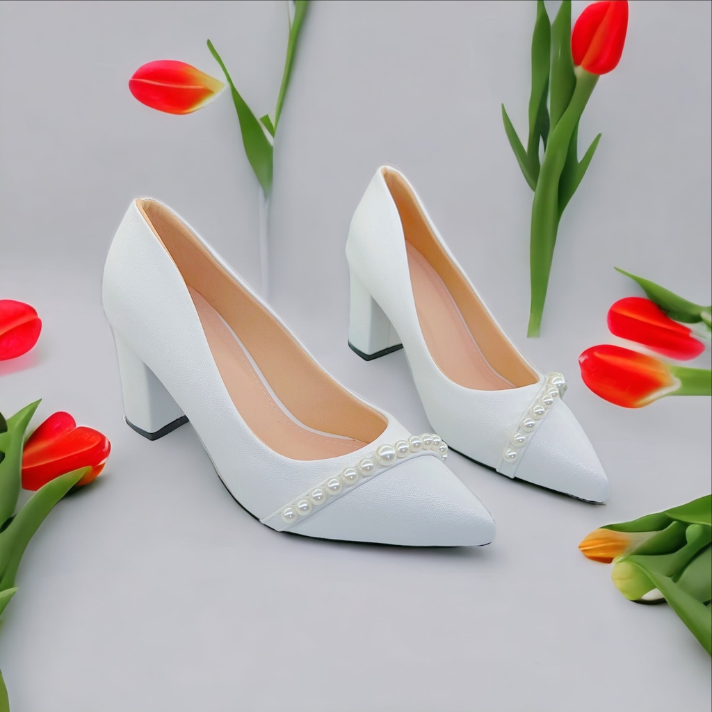 Giày nữ  giày công sở phối hạt châu da vip cao 7cm - B79