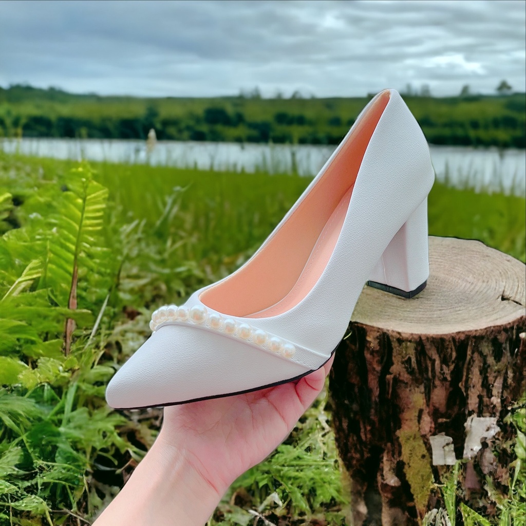 Giày nữ  giày công sở phối hạt châu da vip cao 7cm - B79