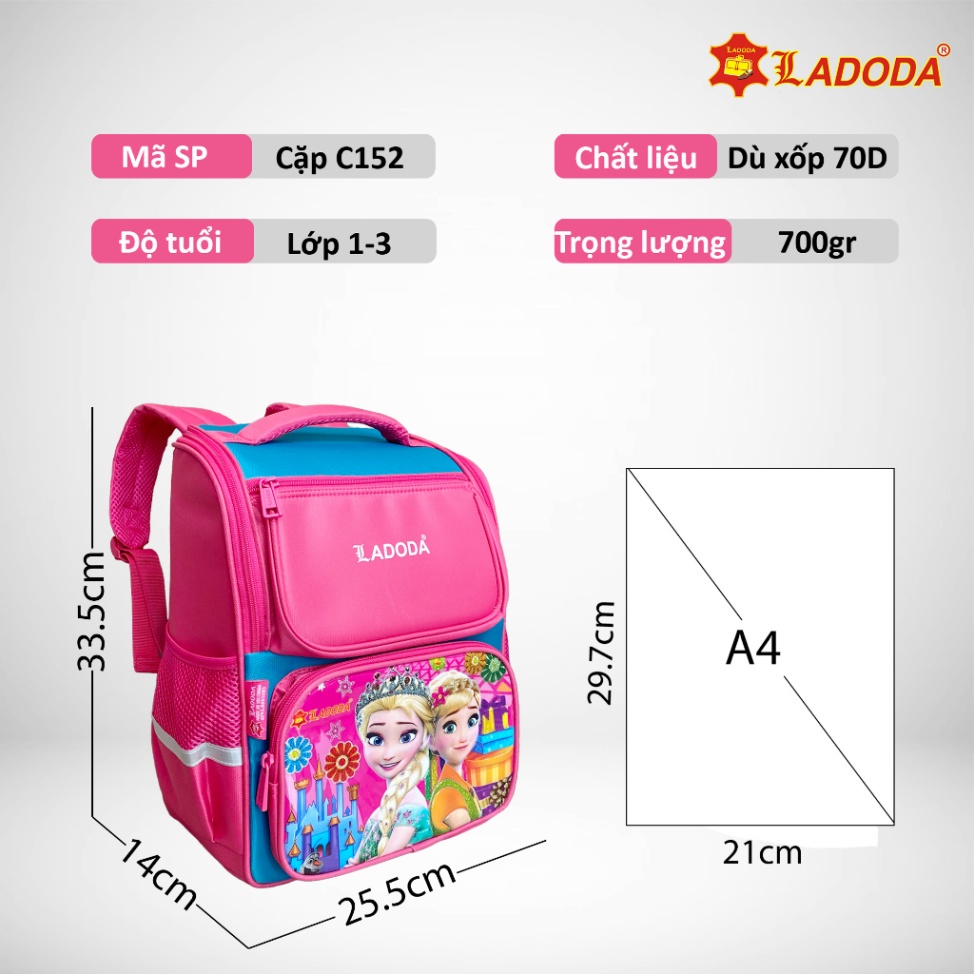 Balo đi học cho bé trai bé gái cấp 1, balo chống gù nam nữ thương hiệu Ladoda C152