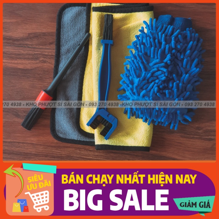 Combo 4 món dụng cụ rửa xe máy biker gồm cọ lông heo - bàn chải chà sên - khăn - găng rửa xe