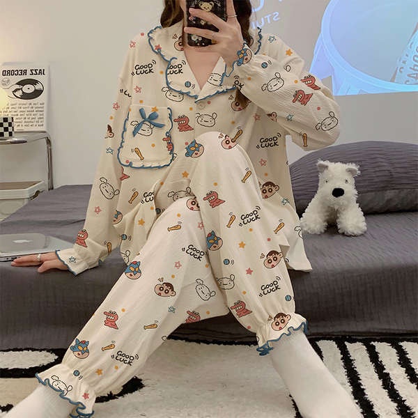 Bộ Đồ Ngủ Cotton Tay Dài In Hình Cậu Bé Bút Chì Shin-Chan Đáng Yêu Dành Cho Nữ