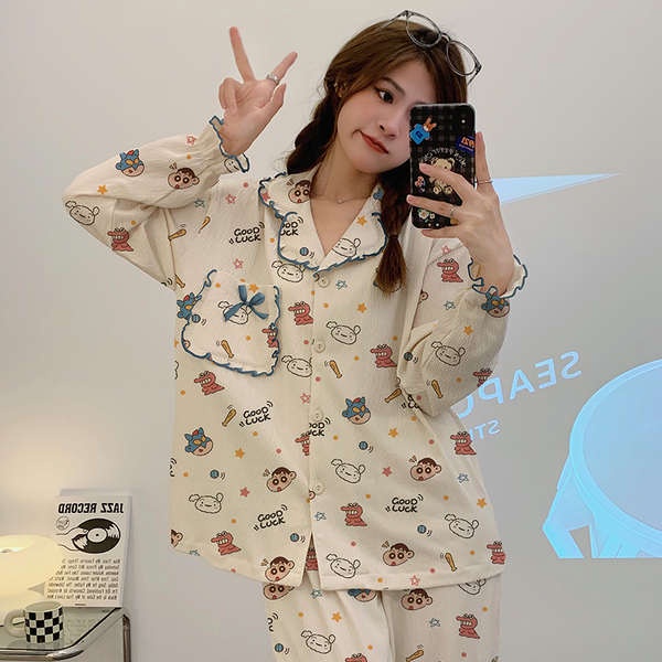 Bộ Đồ Ngủ Cotton Tay Dài In Hình Cậu Bé Bút Chì Shin-Chan Đáng Yêu Dành Cho Nữ
