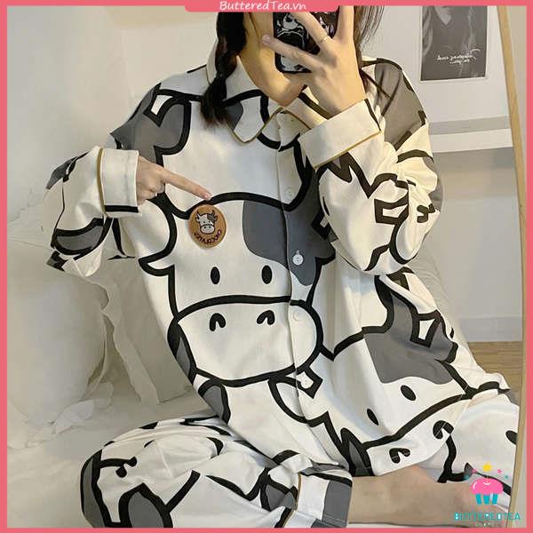 Bộ Đồ Ngủ Tay Dài In Hình Bò Sữa Dễ Thương Cho Nữ