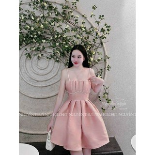 Đầm xòe 2 dây xếp ly ngực có đính cườm chất vải Tapta cao cấp,