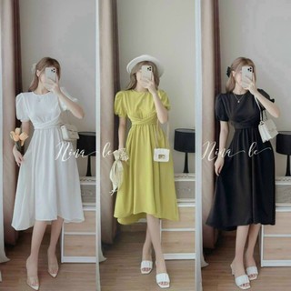 Đầm nữ thời trang mặt đi chơi, chất liệu đũi cao cấp mặc mát đầm xèo tay phồng nhún eo,