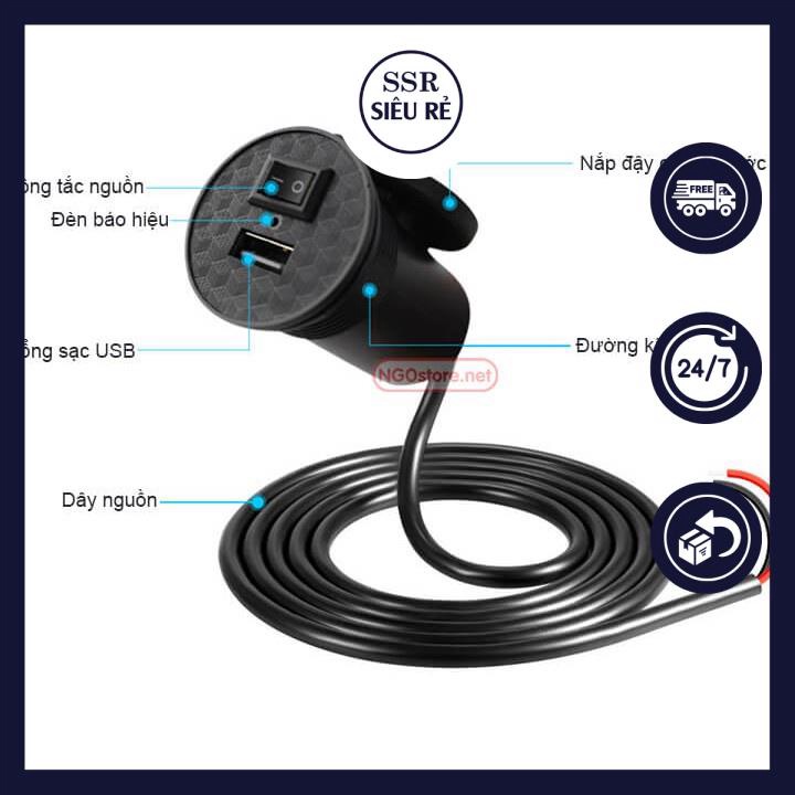 Sạc Điện Thoại Trên Xe Máy 2.1a Có Công Tắc.