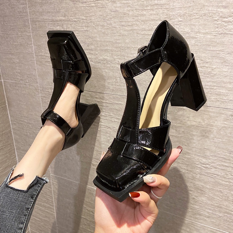 Giày Sandal Cao Gót Da Bóng Mũi Vuông Thời Trang Xuân Hè 2023 Mới Cho Nữ