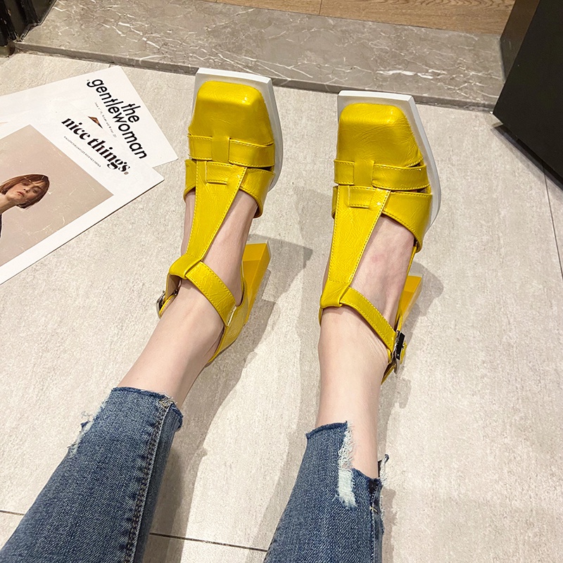 Giày Sandal Cao Gót Da Bóng Mũi Vuông Thời Trang Xuân Hè 2023 Mới Cho Nữ