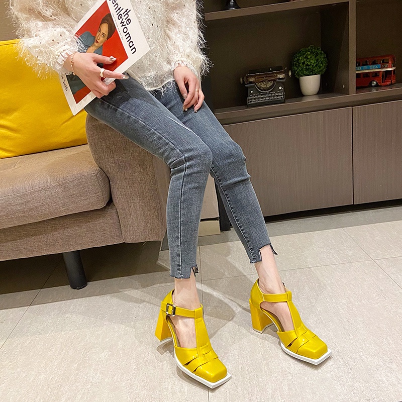Giày Sandal Cao Gót Da Bóng Mũi Vuông Thời Trang Xuân Hè 2023 Mới Cho Nữ