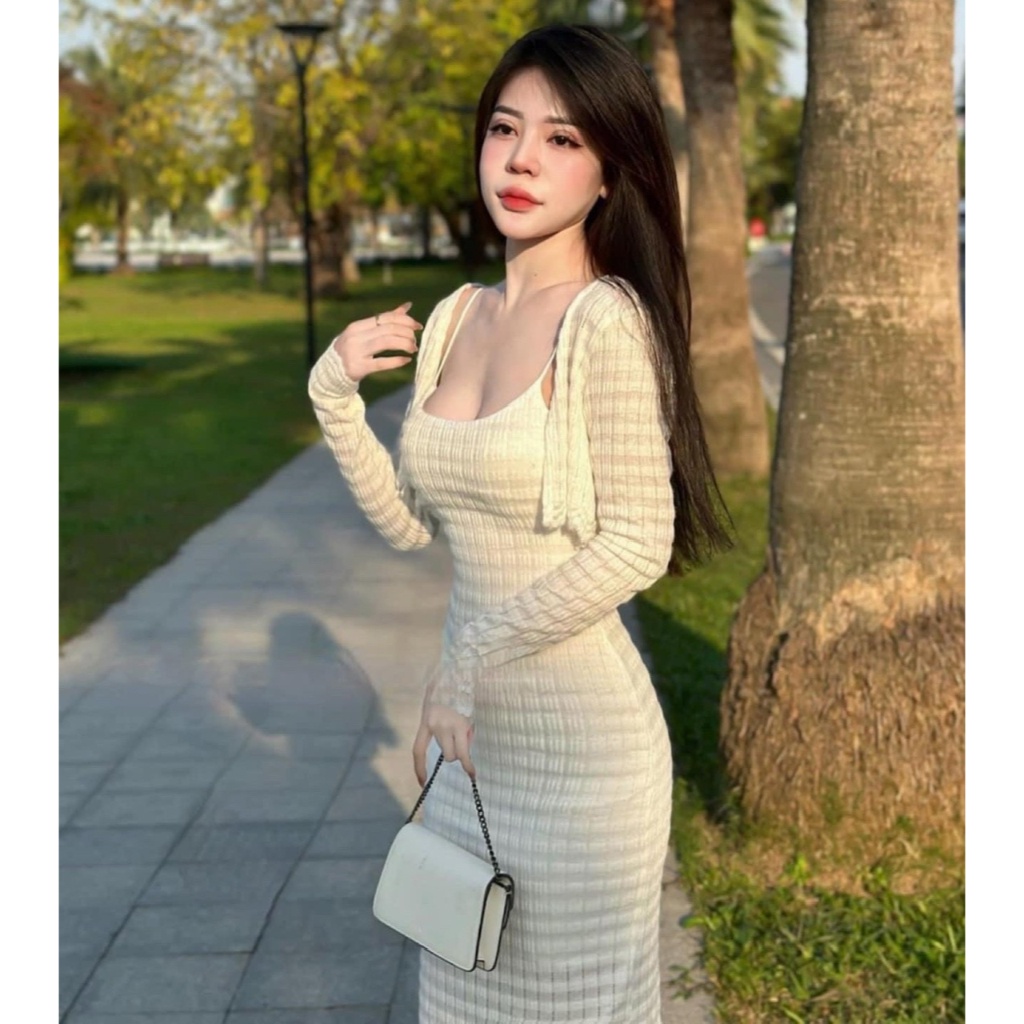 Set đầm body 2 dây viền ren kèm áo khoác croptop Rin Store - SR205