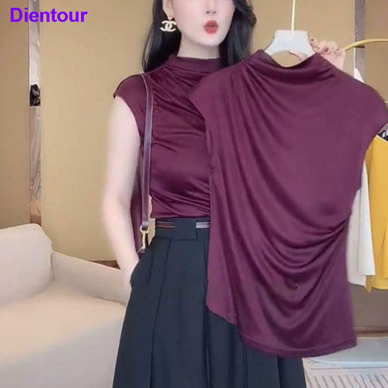 Áo Thun Ngắn Tay Vải Satin Màu Đỏ Rượu Thời Trang Cho Nữ