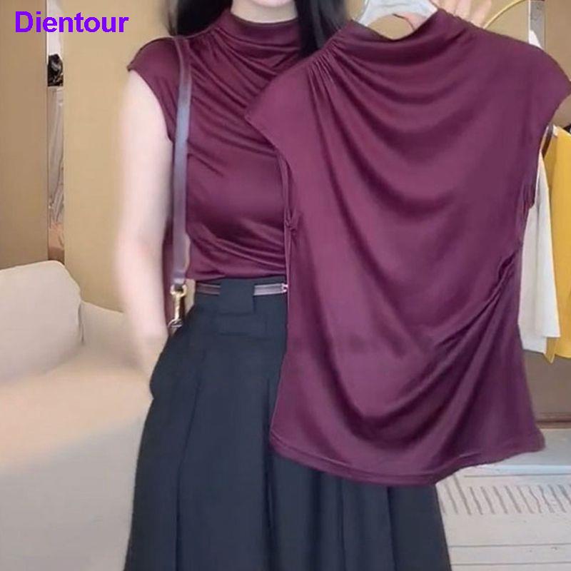 Áo Thun Ngắn Tay Vải Satin Màu Đỏ Rượu Thời Trang Cho Nữ