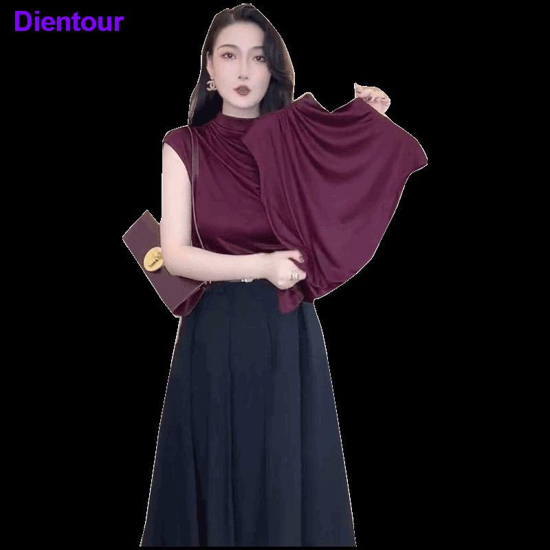 Áo Thun Ngắn Tay Vải Satin Màu Đỏ Rượu Thời Trang Cho Nữ