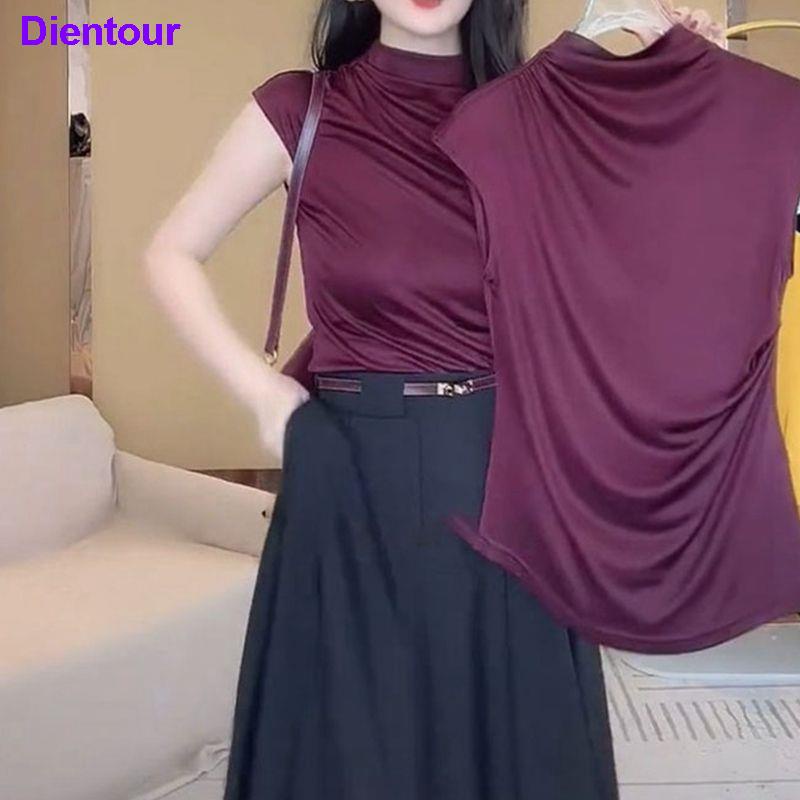 Áo Thun Ngắn Tay Vải Satin Màu Đỏ Rượu Thời Trang Cho Nữ