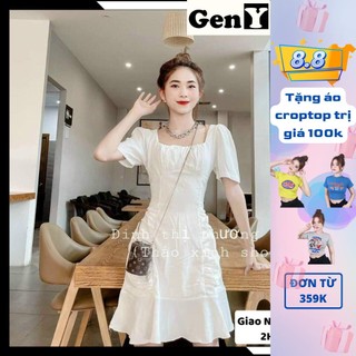 Đầm Cổ Vuông Nhún Hai Bên GenY, Váy Dáng Xoè Cổ Vuông Siêu Xinh