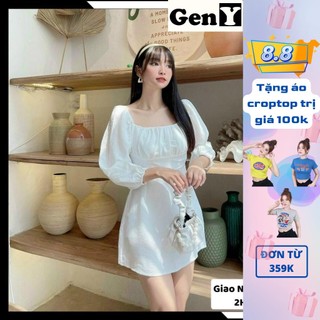 Đầm Cổ Vuông Tay Phồng GenY Váy Dáng Xòe Nhún Ngực Nơ Lưng Siêu Xinh