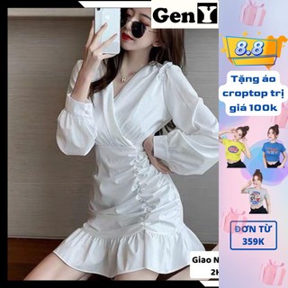 Đầm Dự Tiệc Trắng Dáng Suông GenY Bèo Nhúng Eo Cổ V Xinh Xắn