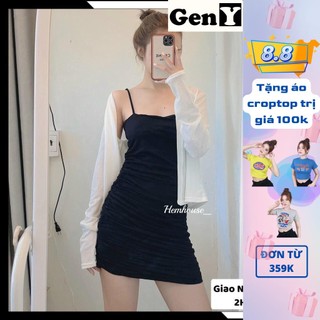 Set Đầm 2 Dây Ôm Body Nhún Eo GenY Kèm Áo Khoác Cardigan Trắng (kèm mút sẵn)