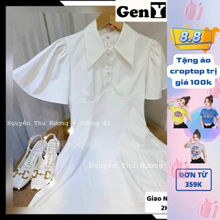 Đầm Trắng Xoè Cổ Bẻ GenY - Váy Dáng Xoè Tay Bèo Đính Khuy Bọc Siêu Xinh