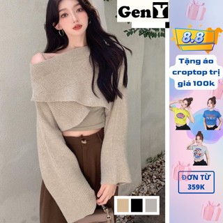 Áo Len Croptop Tay Dài Form Rộng GenY Áo Kiểu Nữ Trễ Vai Đắp Chéo Chất Len Hàn Cao Cấp Phong Cách Hàn Quốc Siêu Xinh