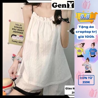 Set 2 Dây Trắng Đũi Nhăn GenY Bộ Ngủ Nữ quần voan ống rộng, áo thun lụa mát mặc ở nhà bánh bèo Ulzzang