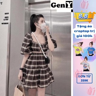 Đầm Babydoll Dáng Xoè Tay Phồng Cổ Vuông Kẻ Caro Chất Cotton Siêu Xinh