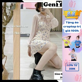Đầm Dáng Xoè hoa nhí nữ GenY Váy tiểu thư phối cổ và tay voan phong cách ulzzang cực kỳ hot