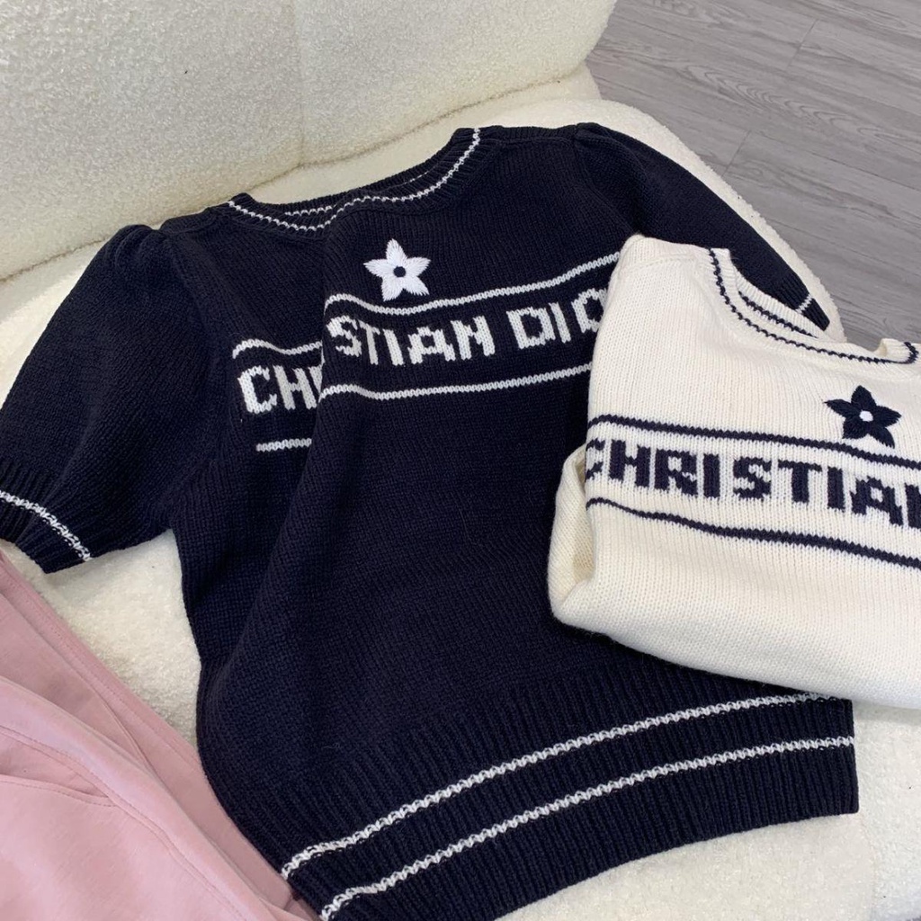 Dior 2023 french niche designer five-pointed star jacquard puff sleeve sweater short-sleeved women s trendy brand explos