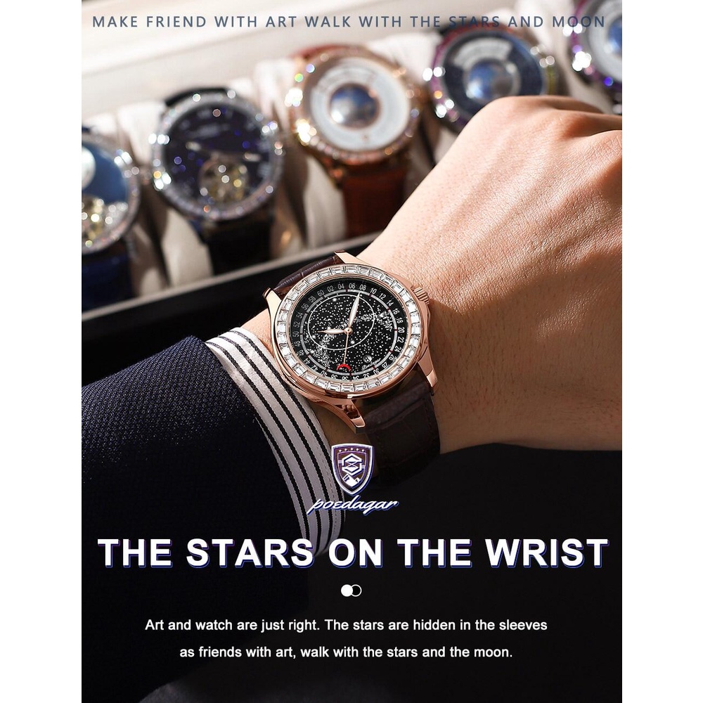 Poedagar đồng hồ nam dây da thời trang đồng hồ thạch anh bầu trời đầy sao phong cách kim cương không thấm nước phát sáng sang trọng đồng hồ đeo tay nam thể thao