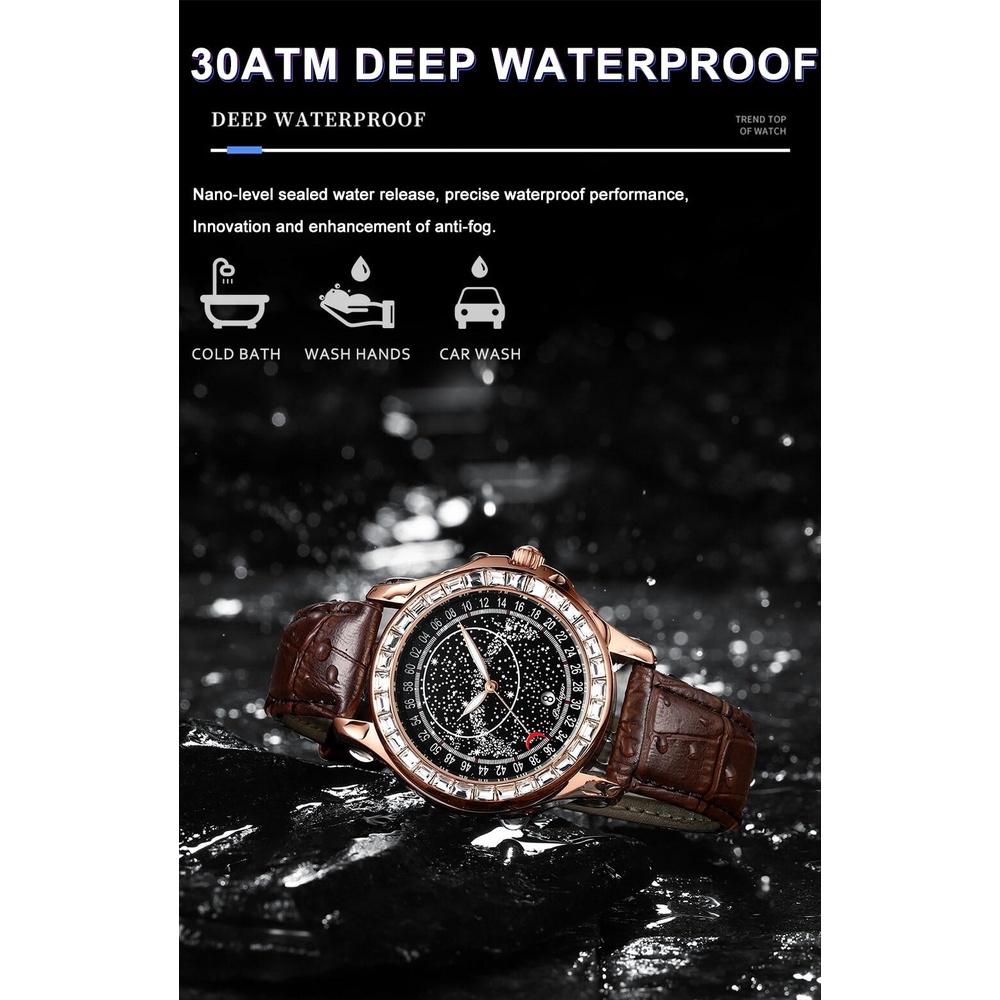 Poedagar đồng hồ nam dây da thời trang đồng hồ thạch anh bầu trời đầy sao phong cách kim cương không thấm nước phát sáng sang trọng đồng hồ đeo tay nam thể thao