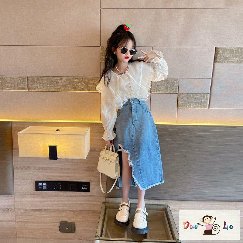 Bộ Áo Phối Chân Váy Denim Kiểu Phương Tây Thời Trang Mùa Xuân 2023 Cho Bé Gái