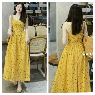 Đầm thời trang nữ 2 dây chất voan hoa nhún ngực chạy mocking thân sau có mút ngực có lót trong qc