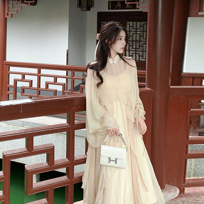 Bộ Đầm Hai Dây Phối Áo Choàng Cardigan Cao Cấp Phong Cách Trung Hoa Mới Dành Cho Nữ 8.7